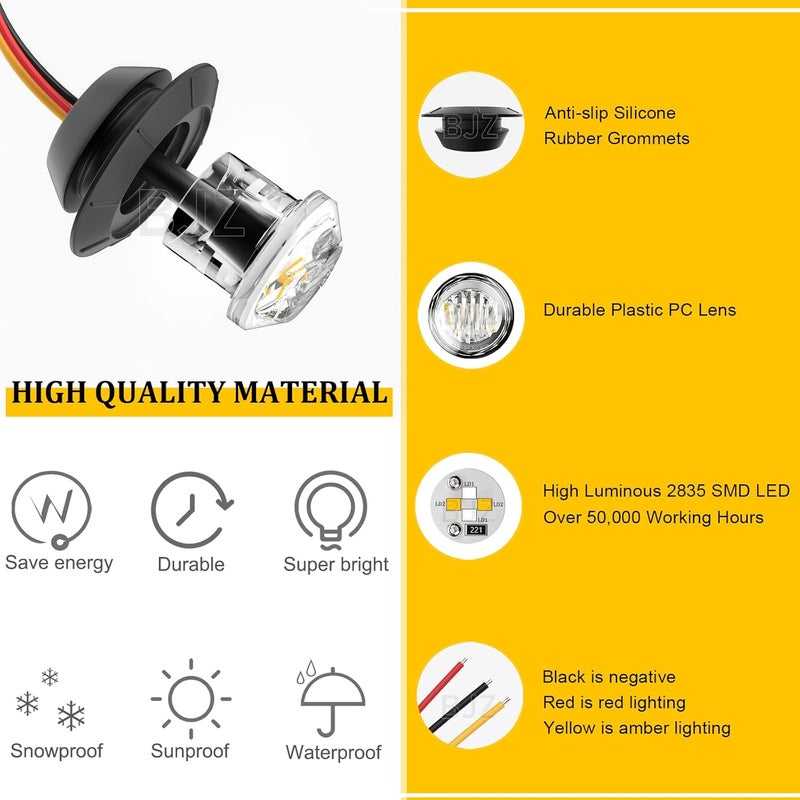 BJZ 3/4" Round Trailer Marker LED Lights Red to Amber Dual Color Side Clearance Tail Brake Stop Turn Signal Bullet Light 12V 4LED Indicator Light w/Clear Lens for Trailer Truck Van RV ATV Bus, 10Pcs - Image 5